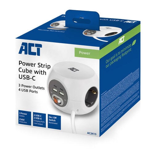 ACT PowerCube Verlengblok 3x Stroom, 2x USB A en 2x USB C - 1.5 meter Grijs