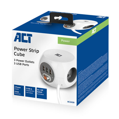 ACT PowerCube 3x Stroom (Type E), 3x USB A - 1.5 meter Grijs