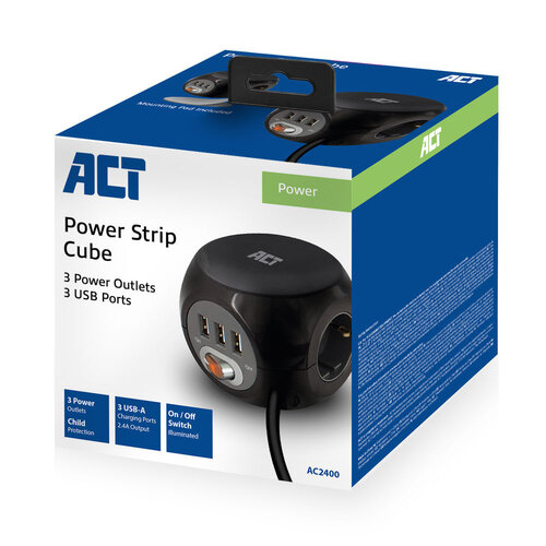 ACT PowerCube 3x Stroom, 3x USB A - 1.5 meter Zwart