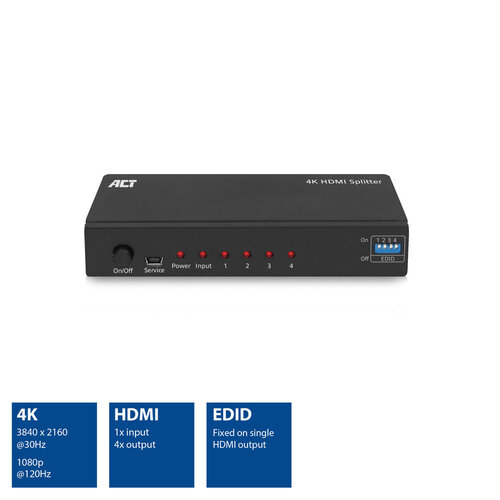 ACT HDMI Splitter 4-poorts met EDID ondersteunding ACT HDMI Splitter 4-poorts met EDID ondersteunding