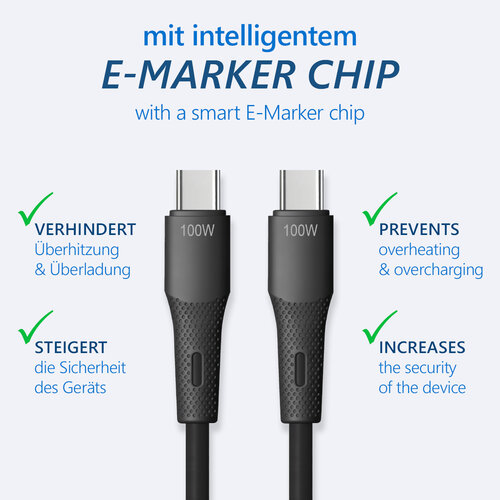 MaxTrack USB-C naar USB-C Oplaadkabel 100W met E-Marker – 1.0 meter - Zwart MaxTrack USB-C naar USB-C Oplaadkabel 100W met E-Marker – 1.0 meter - Zwart