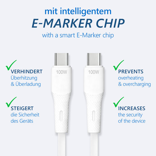 MaxTrack USB-C naar USB-C Kabel 100W met E-Marker – Soft-Touch Siliconen - Wit