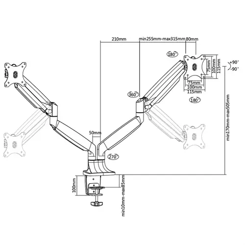 Braca Monitorarm voor 2 schermen met gasveer BRC1147 – 17 t/m 32 inch – Grijs