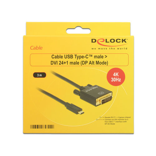 DeLock USB Type-C™ male - DVI-D 24+1 male kabel (DP Alt Mode) 4K @30 Hz - 3.0 meter