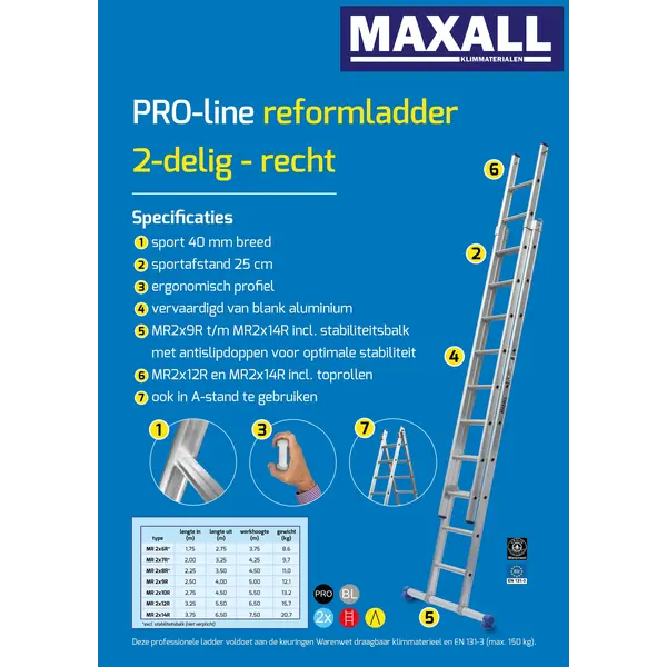 Maxall 2-delige Reformladder met rechte bomen (6 t/m 14 sporten)