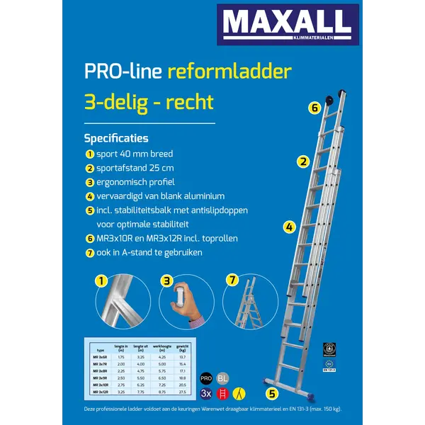 Maxall 3-delige Reformladder met rechte bomen (6 t/m 14 sporten)