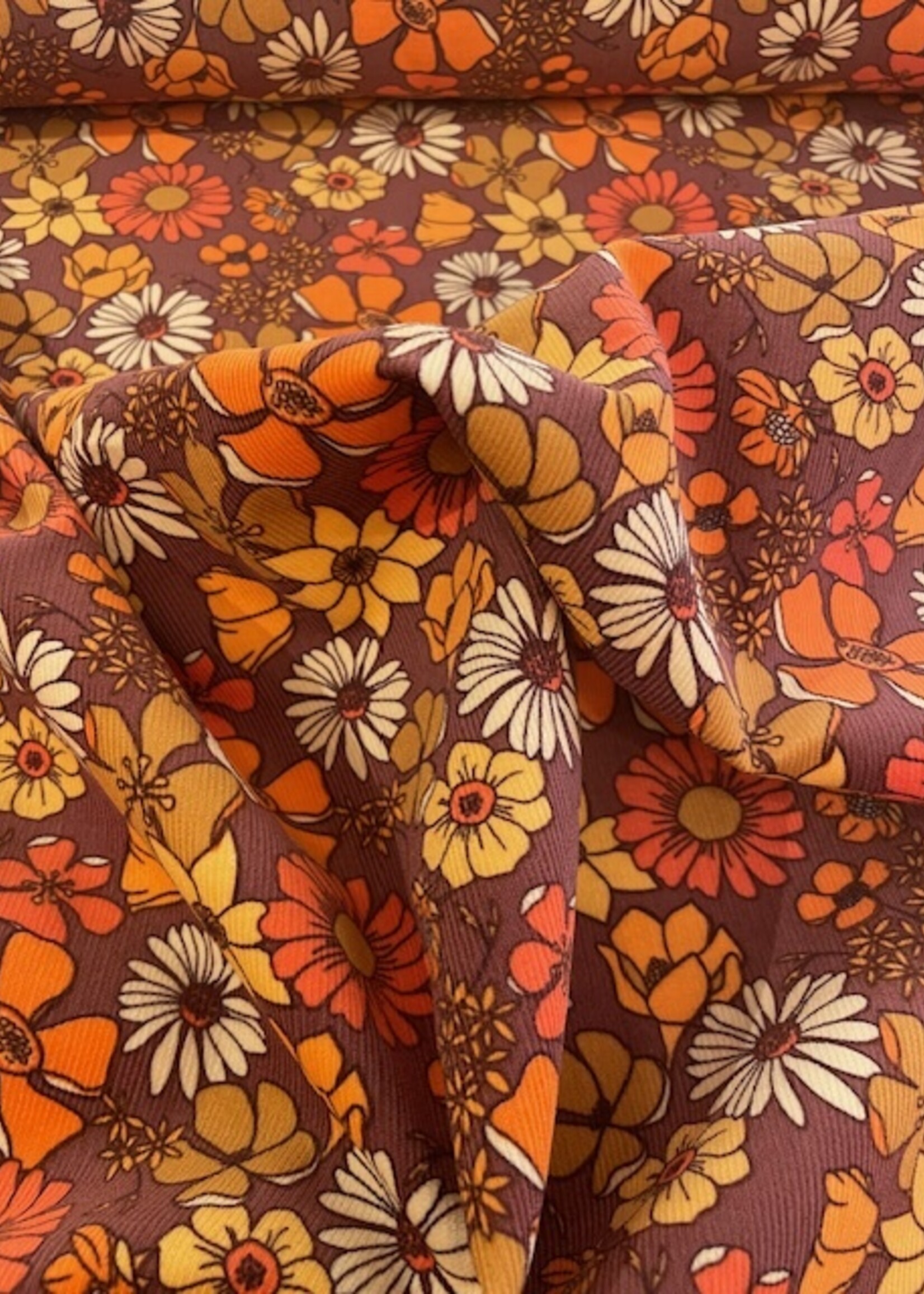 ° Stof Ribvelours (milleraies) - Bloemen - Retro