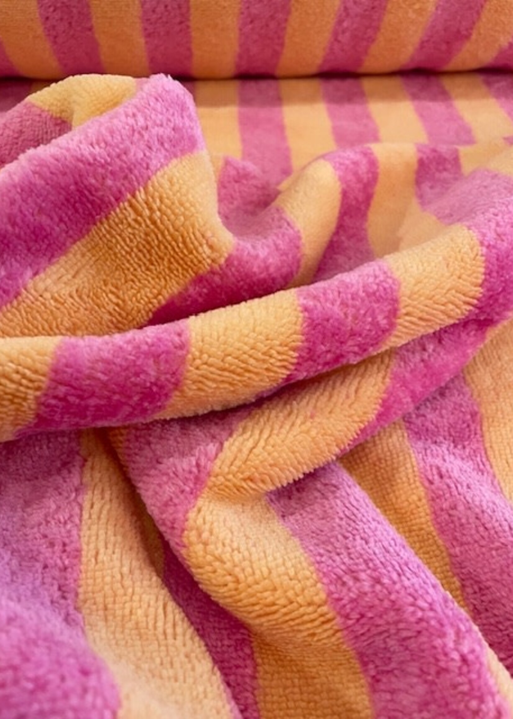 ° Stof Bamboo Badstof - Stripes - Pink & Orange