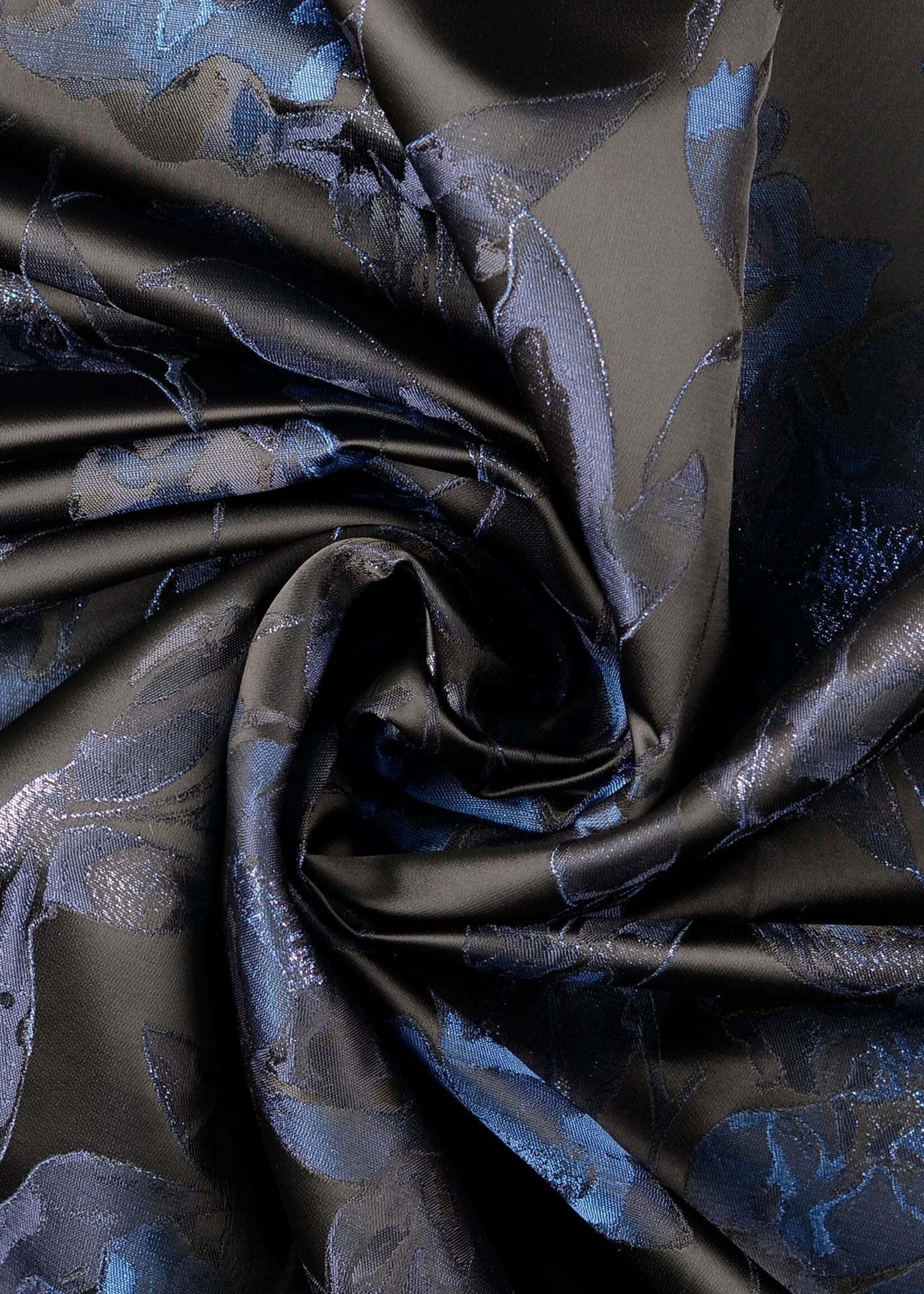 ° Stof Jacquard Satiné - Flowers - Black & Blue