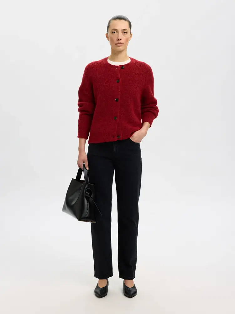 Selected Femme Lulu LS Knit Short Cardigan NOOS Equestrian Red Melange