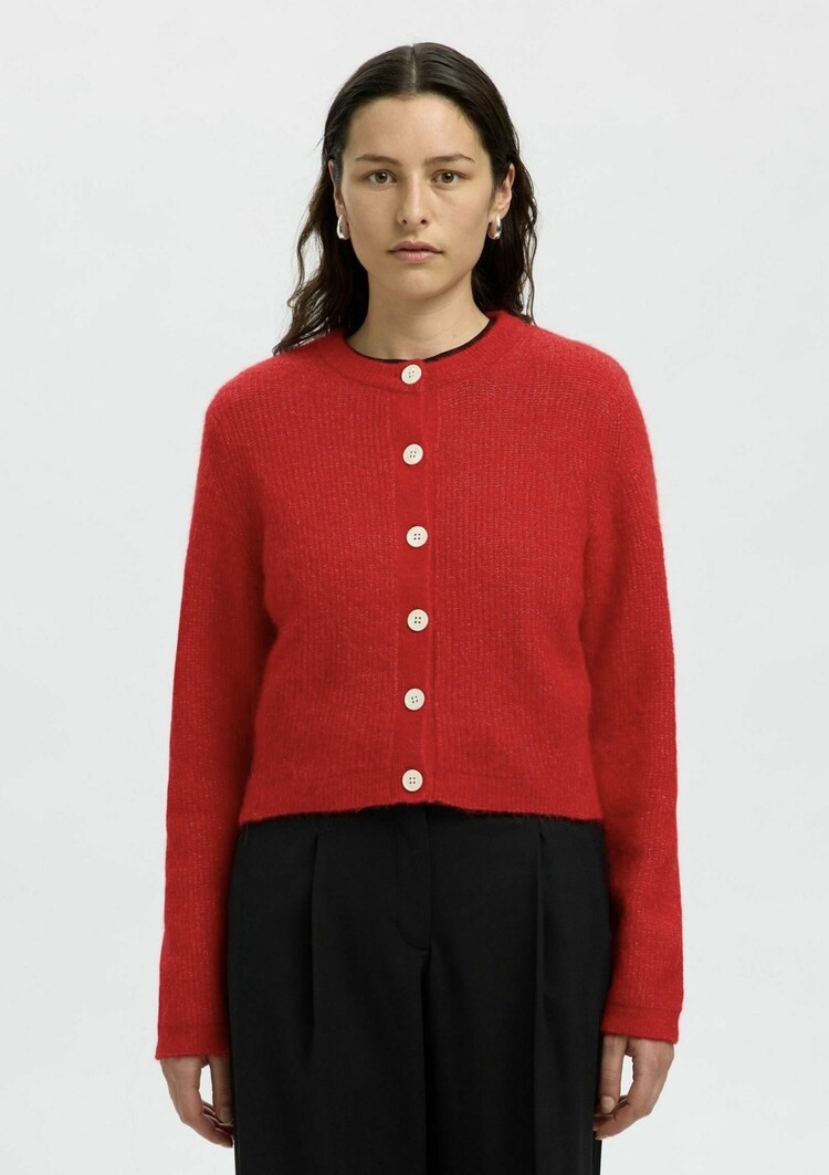 Selected Femme Sia Ras LS Knit Cropped Cardigan Equestrian Red