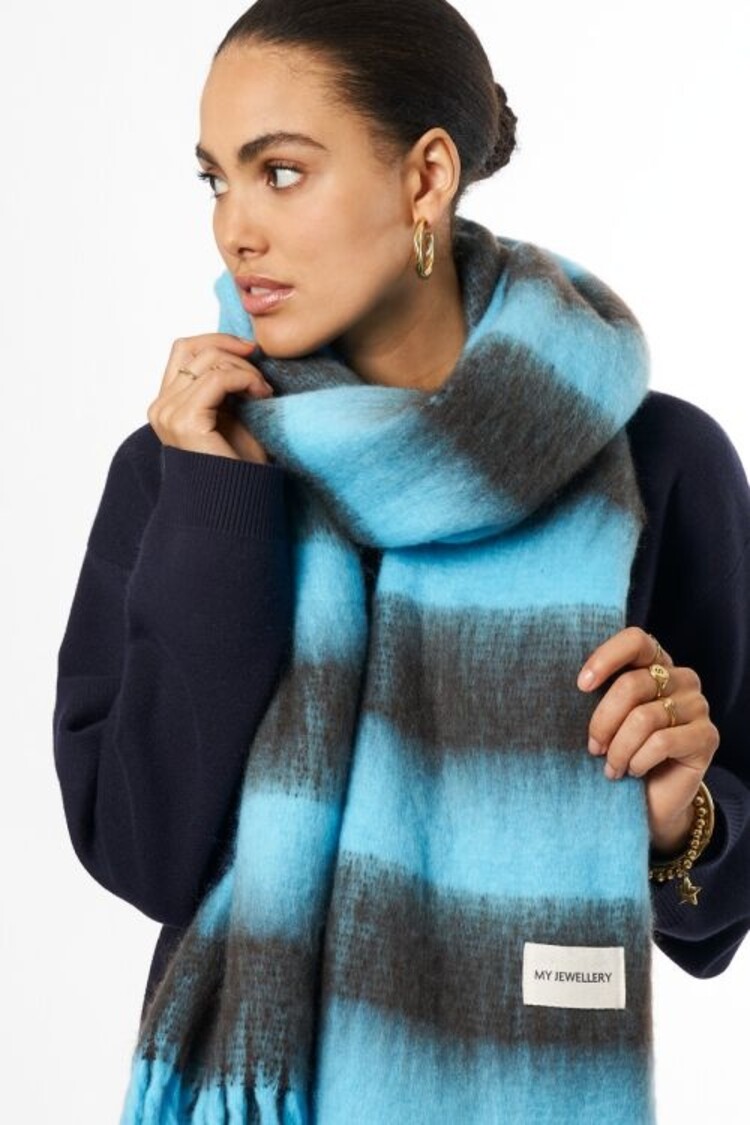 My Jewellery Blauwe Sjaal Met Bruine  Strepen En Franjes