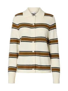 Selected Femme Thea LS Knit Button Collar Neck Egret/Golden Bro