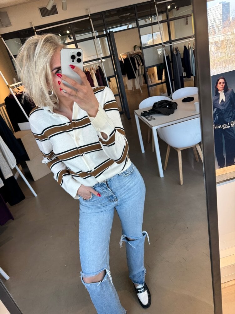 Selected Femme Thea LS Knit Button Collar Neck Egret/Golden Bro