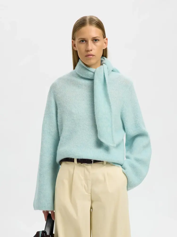 Selected Femme Lulu LS Bow Knit Blue Glow/Melange