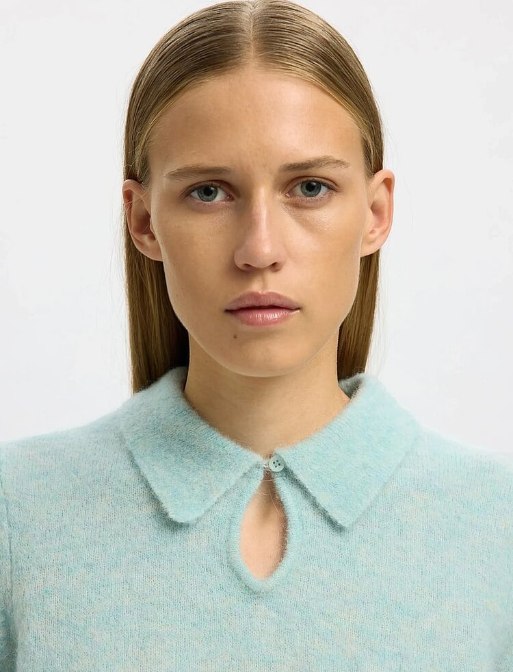 Selected Femme Sia Ras 2/4 Knit Key Hole Collar Neck Blue Glow/Melange