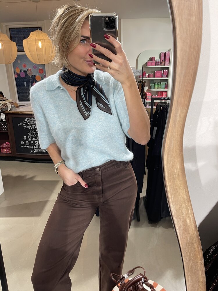 Selected Femme Sia Ras 2/4 Knit Key Hole Collar Neck Blue Glow/Melange