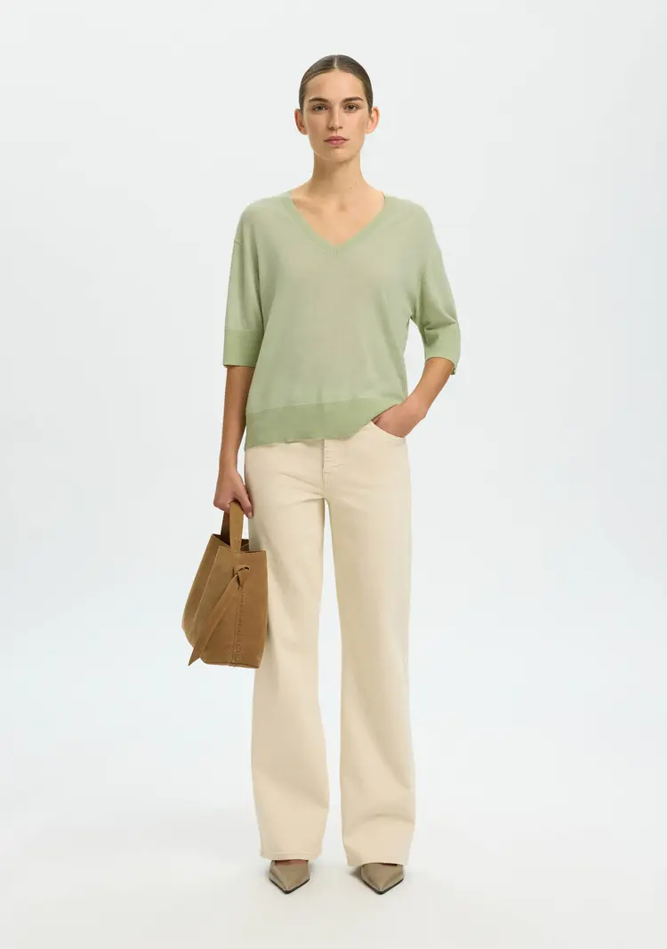 Selected Femme Thea SS Knit Merino V-Neck Noos Lint