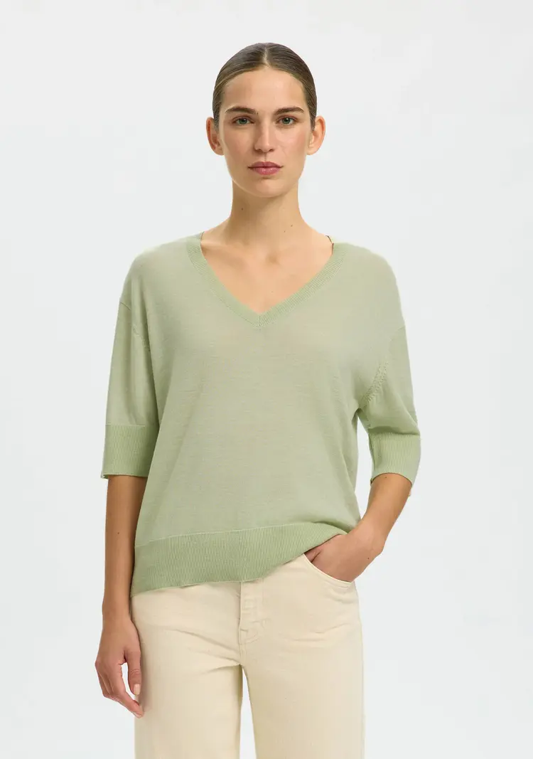 Selected Femme Thea SS Knit Merino V-Neck Noos Lint