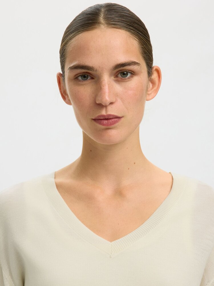 Selected Femme Thea SS Knit Merino V-Neck Noos Egret