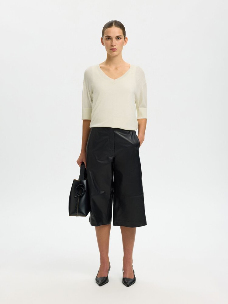 Selected Femme Thea SS Knit Merino V-Neck Noos Egret