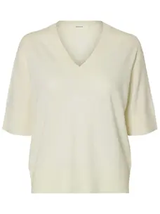 Selected Femme Thea SS Knit Merino V-Neck Noos Egret