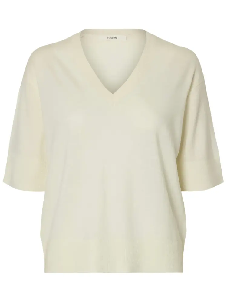 Selected Femme Thea SS Knit Merino V-Neck Noos Egret