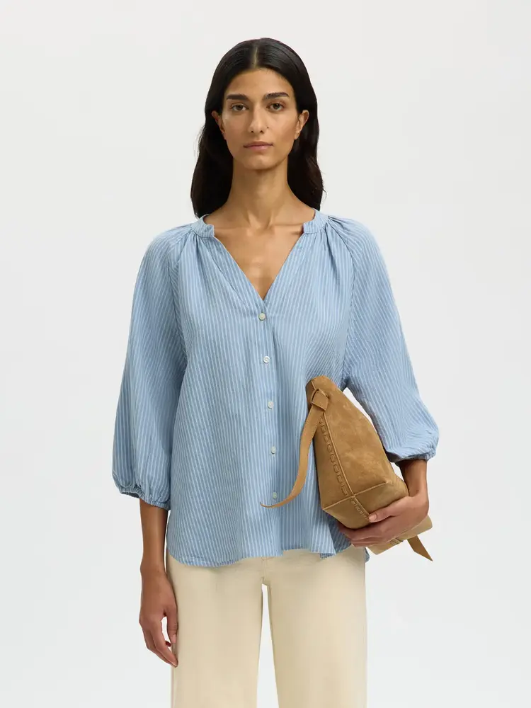 Selected Femme Cleo Alberta Linen Blend Shirt NOOS Dusty Blue/Bright White
