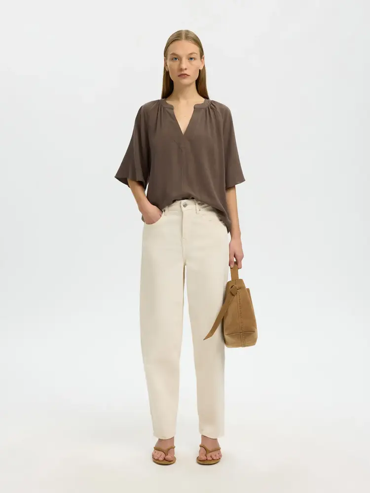 Selected Femme Viva 2/4 V-Neck Linen Blend Top Noos  Chocolate Chip