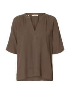 Selected Femme Viva 2/4 V-Neck Linen Blend Top Noos Chocolate Chip