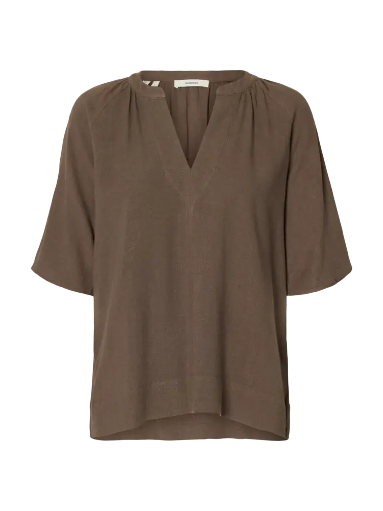 Selected Femme Viva 2/4 V-Neck Linen Blend Top Noos  Chocolate Chip