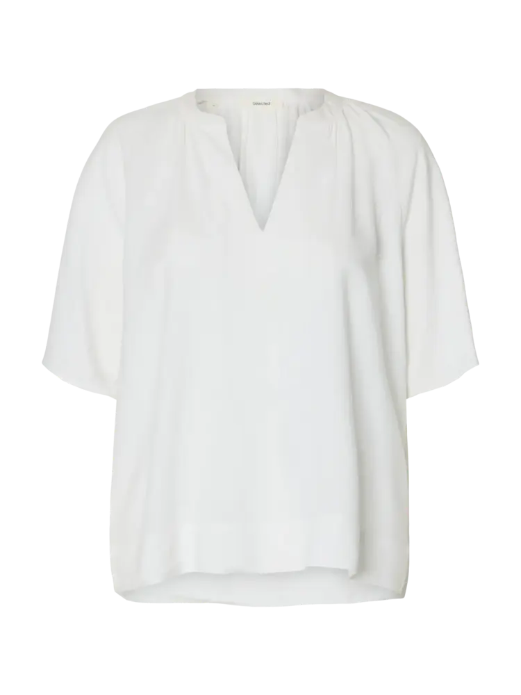 Selected Femme Viva 2/4 V-Neck Linen Blend Top Noos Snow White