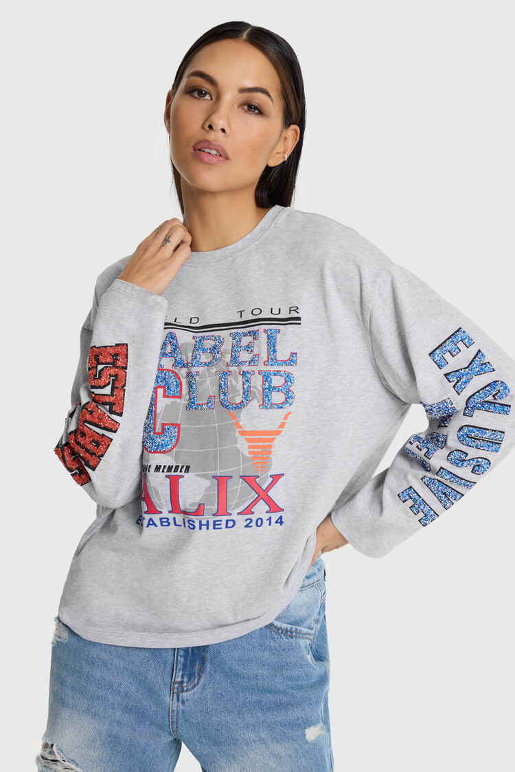 Alix The Label Ladies Knitted Fancy Print Longsleeve T-Shirt Light Grey Melange