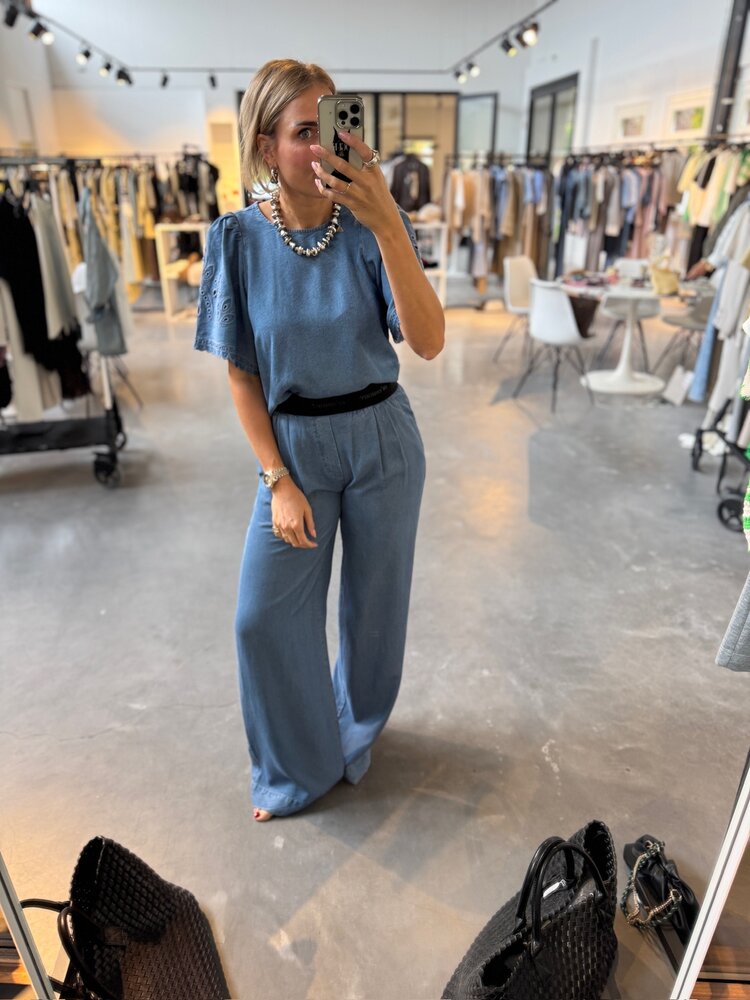 Co'Couture TillyCC Emb SS Blouse Denim Blue