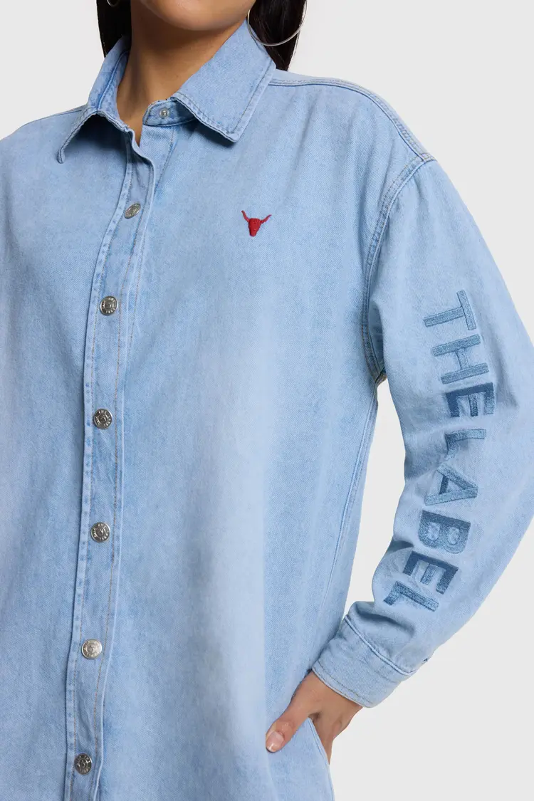 Alix The Label Ladies Woven Flowy Denim Oversized Blouse Light Blue Denim