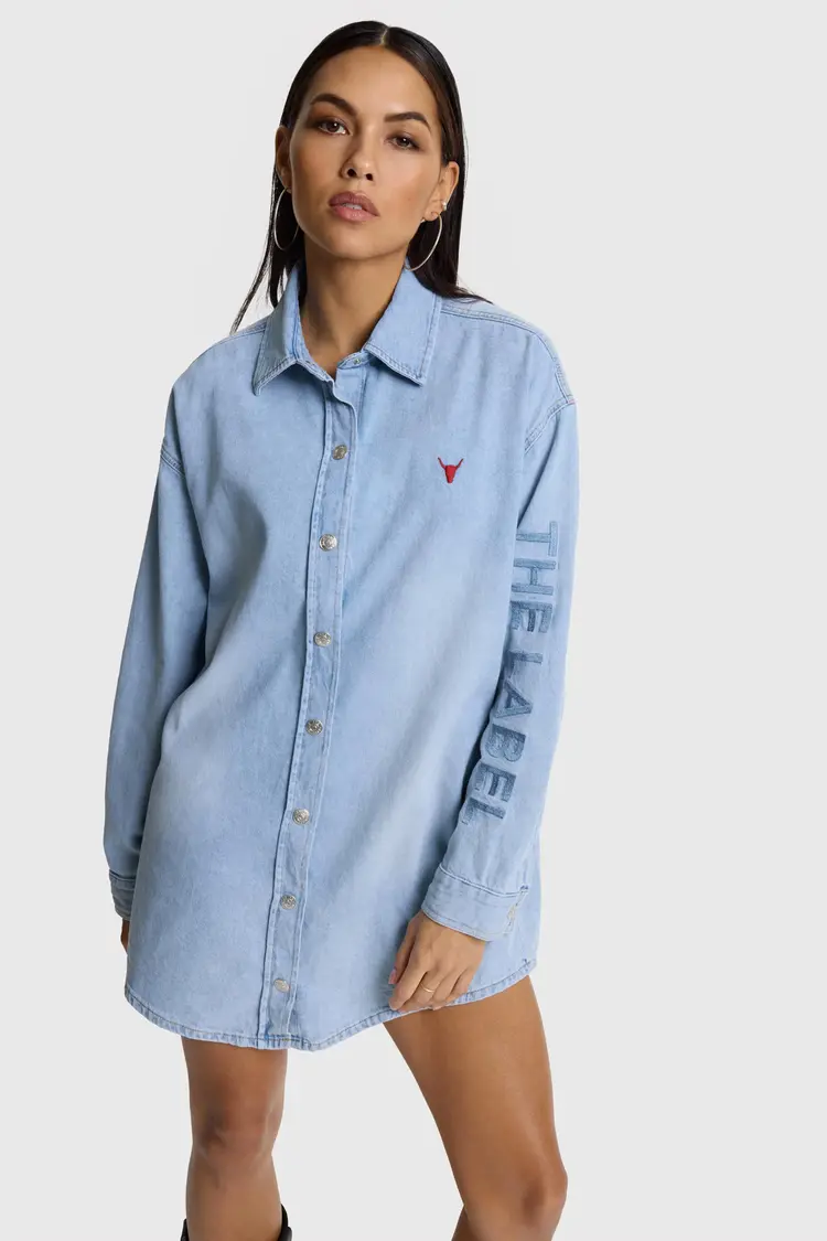 Alix The Label Ladies Woven Flowy Denim Oversized Blouse Light Blue Denim