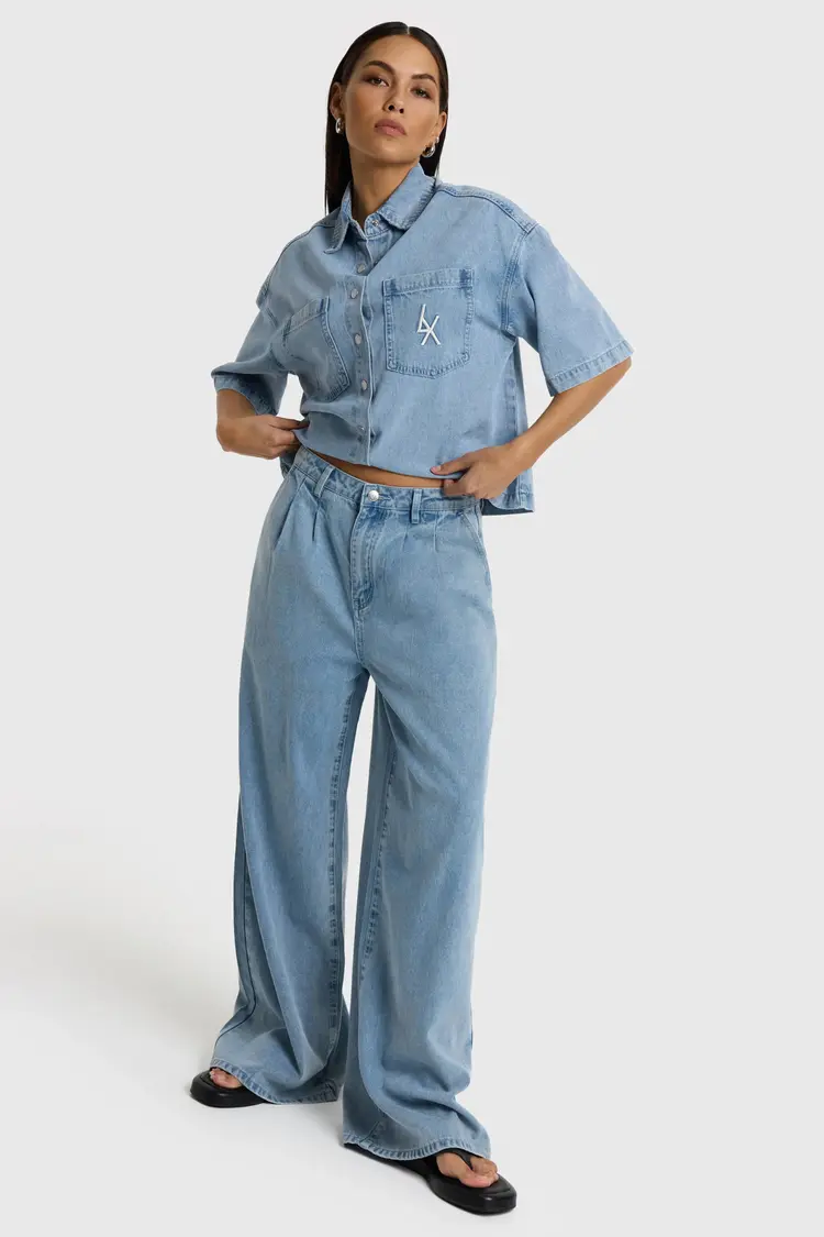 Alix The Label Ladies Woven Denim Wide Pants Light Blue Denim