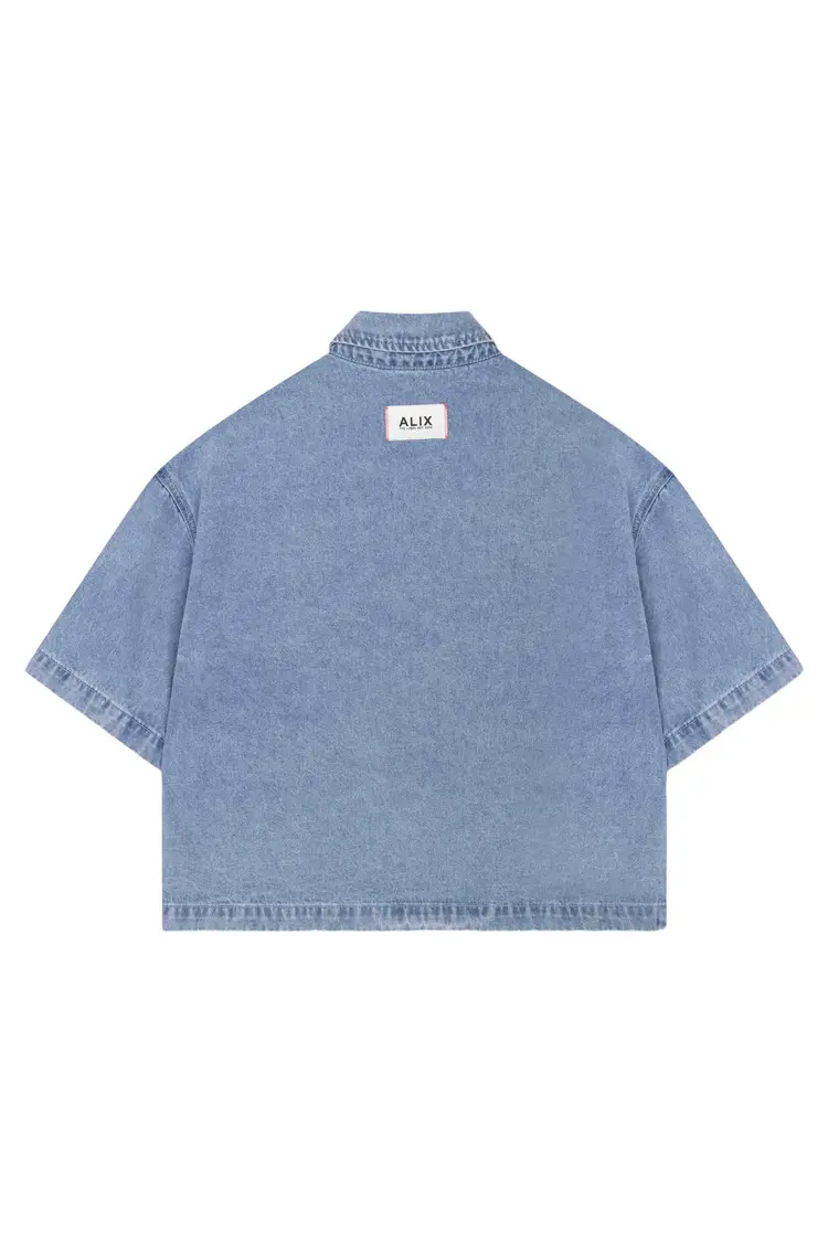 Alix The Label Ladies Woven Denim Shortsleeve Blouse Light Blue Denim