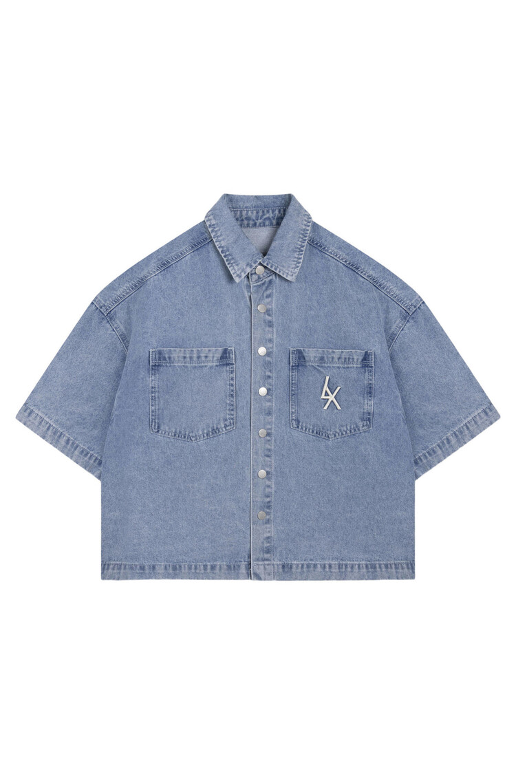 Alix The Label Ladies Woven Denim Shortsleeve Blouse Light Blue Denim