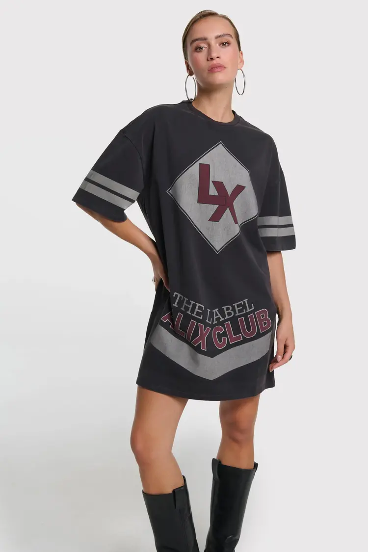 Alix The Label Ladies Knitted Sporty T-Shirt Dress Charcoal Grey