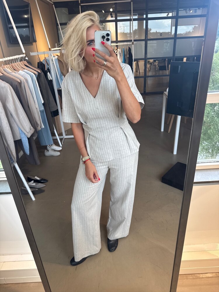 Selected Femme Mariam MW Wide Linen Blend Pant B Nature/Stripe