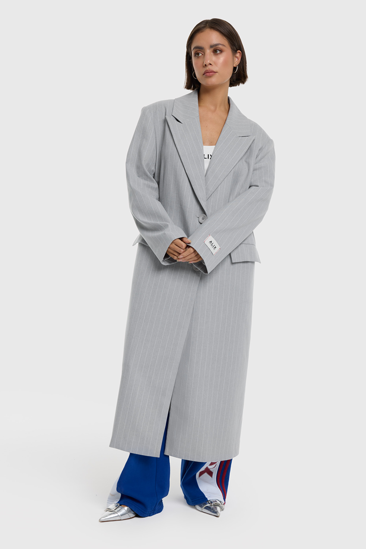 Alix The Label Ladies Woven Pinstripe Coat Light Grey