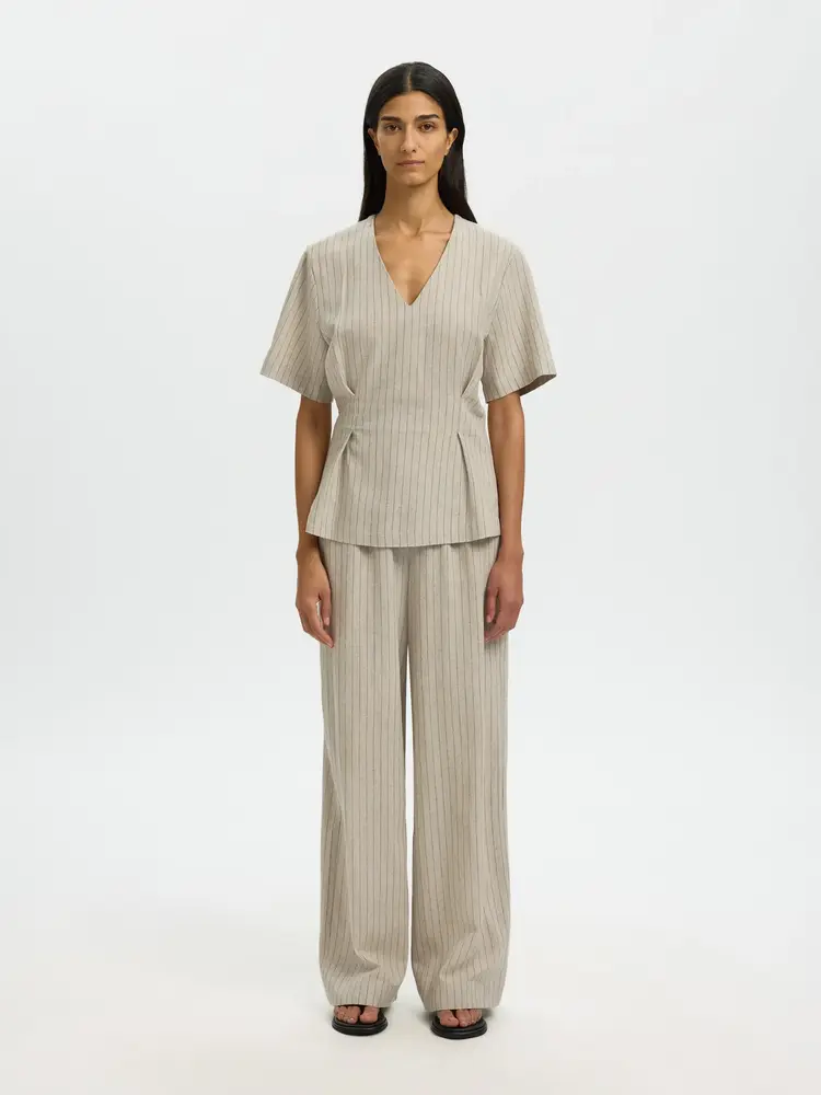 Selected Femme MariamSS Linen  Blend Top B Naturel/Stripes