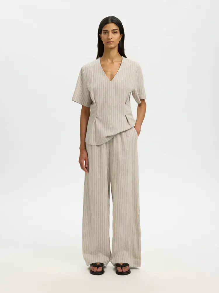 Selected Femme Mariam MW Wide Linen Blend Pant B Nature/Stripe