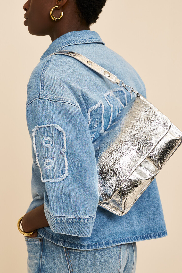Zilverkleurige Crossbody Tas Met Croco Design