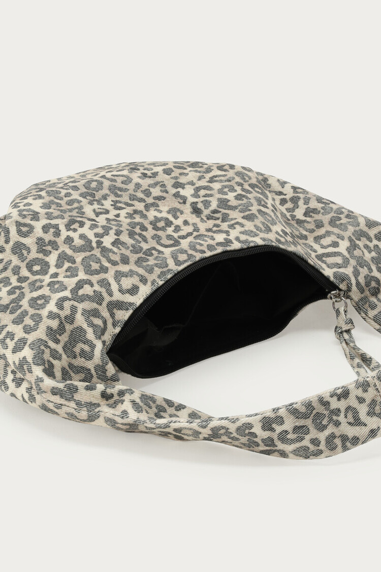 Bruine Denim Schoudertas Met Panterprint