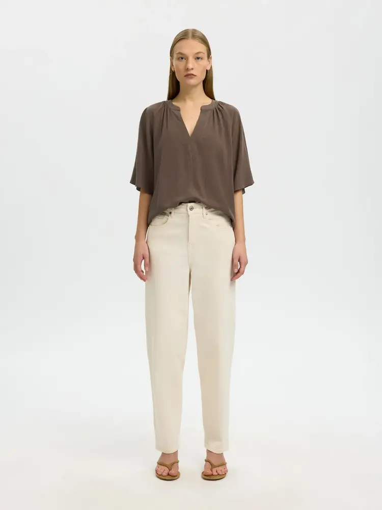 Selected Femme Viva 2/4 V-Neck Linen Blend Top Noos Sandshell