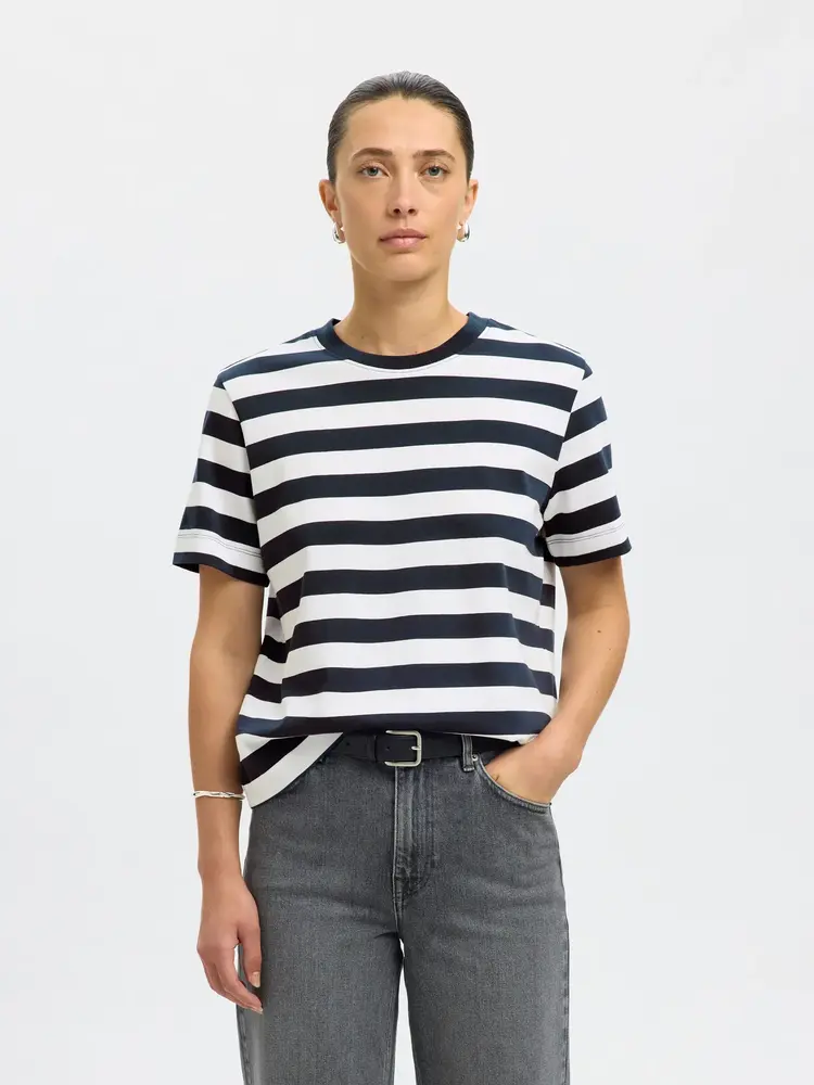 Selected Femme Essential SS Striped Boxy Tee Noos Dark Sapphire/Bright White