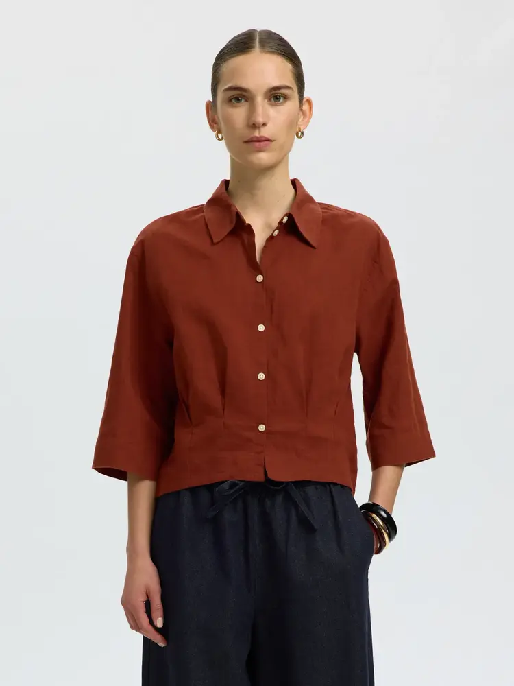 Selected Femme Cleo Regular 3/4 Cropped Shirt B Cherry Mahogany
