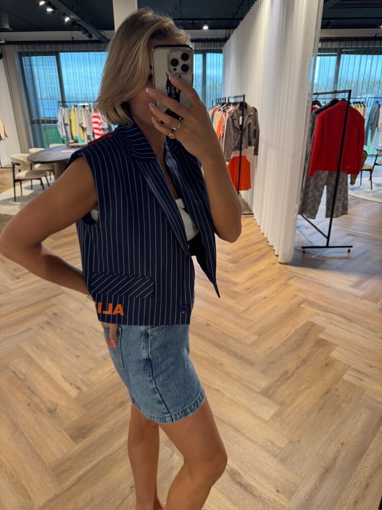 Alix The Label Ladies Woven Striped Waistcoat Navy